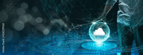 Obraz na płótnie A conceptual image showcasing cloud computing and digital transformation, featuring a futuristic network visualization with a glowing cloud symbol, representing data storage w salonie