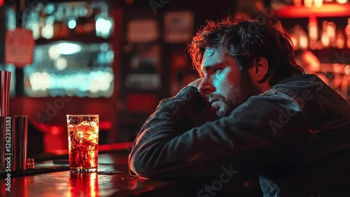 A man sits at a bar with a glass of tea in front of him. He looks sad and is leaning his head on his hand
