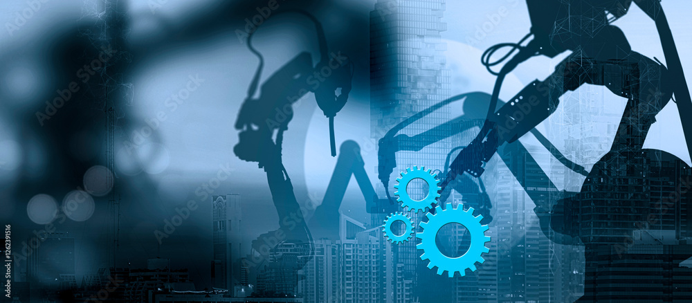 A futuristic depiction of robotic arms and blue gears symbolizing industrial automation, AI-driven manufacturing, and technological advancements in smart factories.