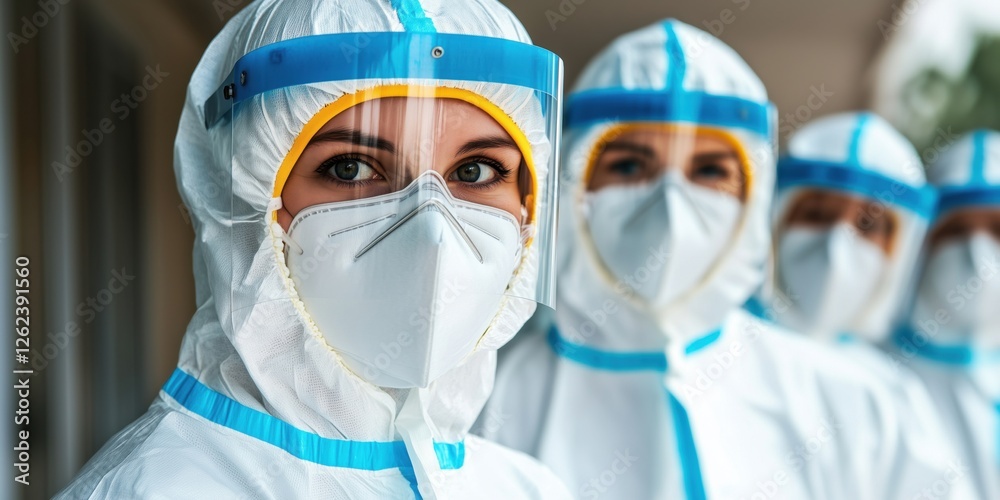 Healthcare professionals in protective gear during pandemic response, focused expressions, teamwork Healthcare professionals in protective gear during pandemic response, focused expressions, teamwork
