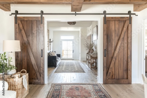 a farmhouse entryway with white walls and dark wood beams and sliding doors