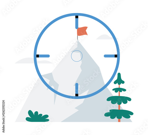 Target Scope Over Mountain With Flag In Flat Vector Illustration Symbolizing Goal Achievement, Strategic Planning, Business Success, And Personal Growth, Isolated On White Background.