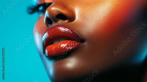 Close-up of smooth dark skin featuring glossy lips with bright orange lipstick against a blue background