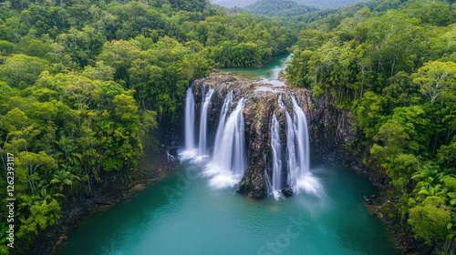 Tropical Waterfall Cascading into Emerald Pool, Lush Rainforest Background