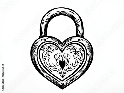 black and white illustration of a heart shaped padlock on a white background photo