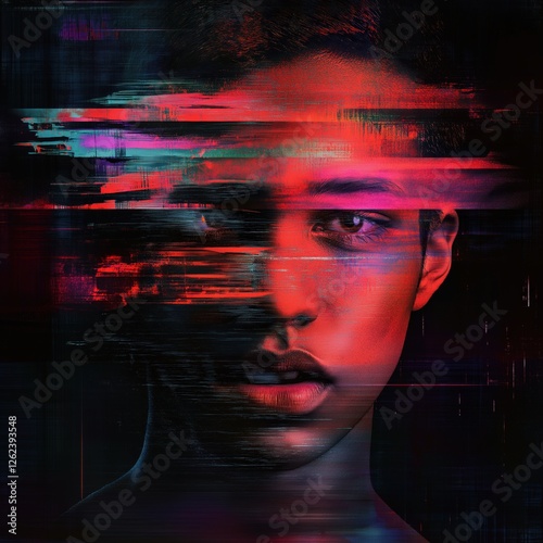 Futuristic glitch portrait of man with digital distortion and cyber aesthetic