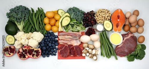 Balanced Diet Food Flatlay White Background photo