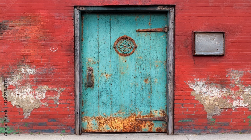 Naklejka premium Rustic teal door on weathered red brick wall