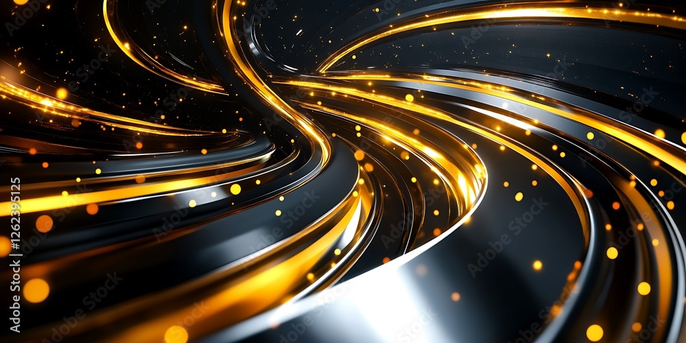 Fototapeta premium Abstract swirling gold lights, dark background, futuristic design, website banner