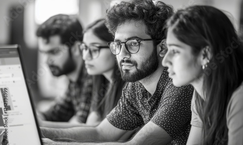 Indian Software Developers Collaborating on Finance Software Project in Tech Workplace, Generative AI