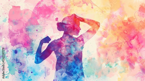 Accelerate Action watercolor splashes silhouette of a woman show biceps. IWD 2025 bright banner. International Womens day.
