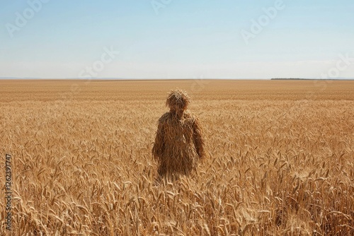 Wheat Field Scarecrow Standing Guard Amidst Harvested Grain Under Sunny Sky for Crops photo