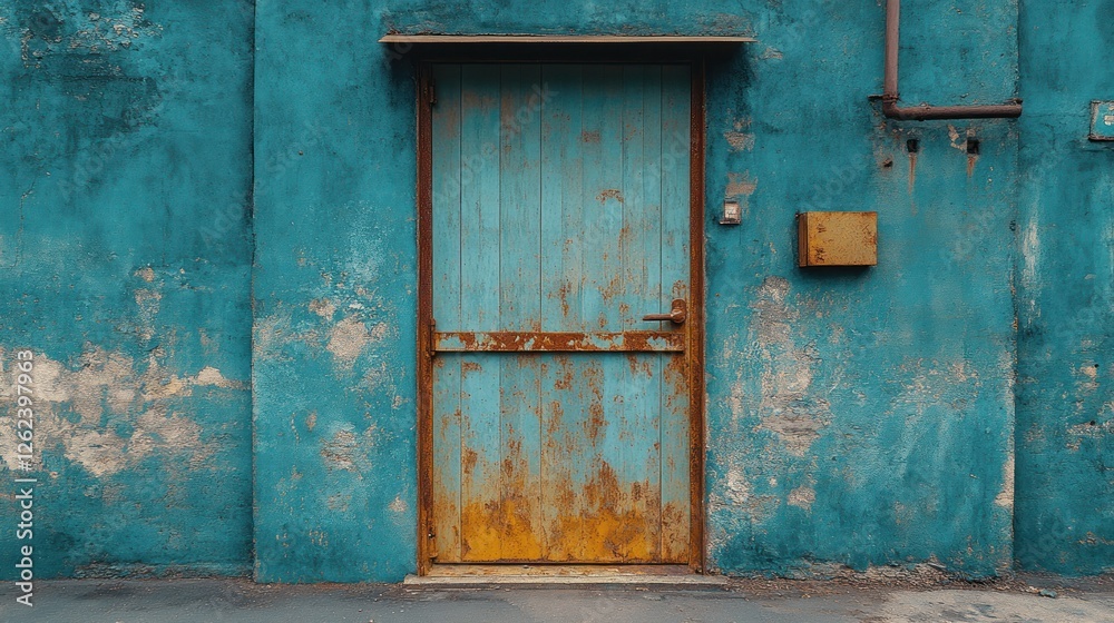 Rusty door on teal wall, urban exterior, weathered, mail slot Rusty door on teal wall, urban exterior, weathered, mail slot