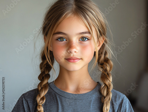 Preteen girl blue eyes long brown hair t-shirt natural soft lighting close up cinematic portrait youthful innocence beauty,11 year old,pose,gaze,dark,navy,grey,warm,relaxed,style,mockup,commercial