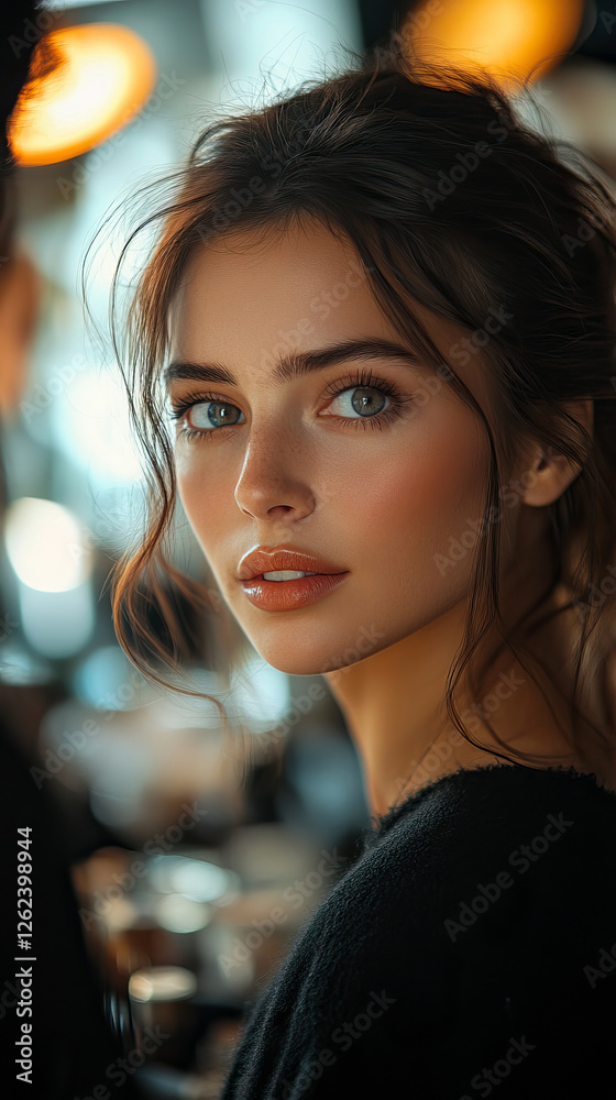 Portrait of a Young Woman with Blue Eyes and Wavy Hair in Warm Ambient Lighting at a Cozy Café Portrait of a Young Woman with Blue Eyes and Wavy Hair in Warm Ambient Lighting at a Cozy Café