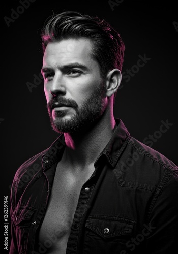Handsome Man with Beard in Black and White Portrait with Dramatic Lighting
