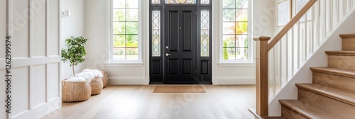 Elegant Home Entrance With Black Door And Wooden Staircase