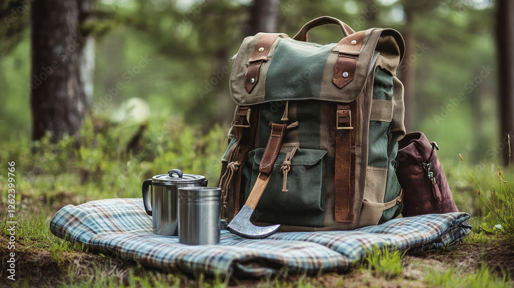 Traveling backpack with camp gear isolated. Vector khaki rucksack with sleeping mat, axe and metal mug. Tourist equipment in travel bag with pockets on zippers, outdoor adventures, hiking and camping Traveling backpack with camp gear isolated. Vector khaki rucksack with sleeping mat, axe and metal mug. Tourist equipment in travel bag with pockets on zippers, outdoor adventures, hiking and camping