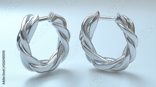 Silver twisted hoop earrings on light gray studio background photo