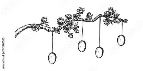 Cherry branch with Easter eggs sketch outline illustration. Tree branch festive doodle drawing in engraving style. Hand drawn vector line art clipart isolated on a white background