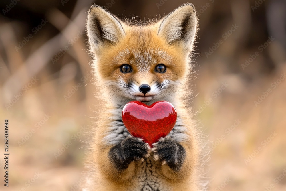 Obraz premium Promotion animal creative design idea. Fox - my beloved animal. Cute fox baby with diamond red heart on in a natural habitat. Cute love scene in nature. Expressive wildlife love. Wild love.