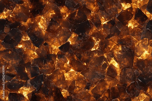 Seamless Amber textured background featuring shards of dark and glowing amber, resembling molten lava or heated glass. The interplay of light creates a warm, fiery appearance.