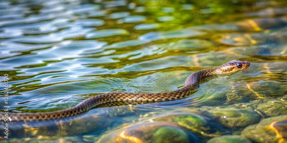 Fototapeta premium Snake Swimming in Clear Water Over Colorful Stones Under sunlight