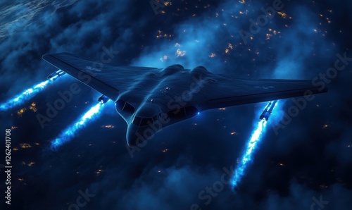 Stealth Bomber Flying Over Ocean at Night with Blue Jet Flames and Dramatic Clouds photo