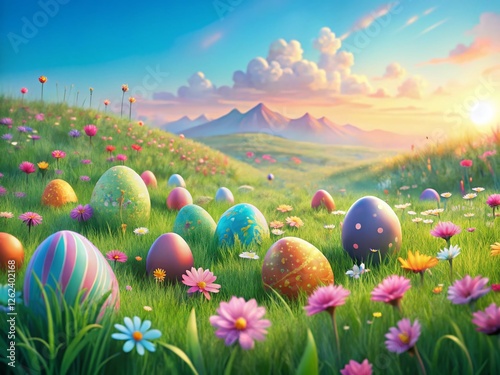 Pastel Easter Egg Landscape: Spring Meadow with Colorful Eggs & Blossoms