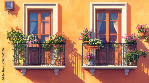 Balcony or window with fence railing, building architecture and house facade banister, vector. Glass windows and iron wrought lattice, apartments balcony or terrace porch with doors and flowers photo