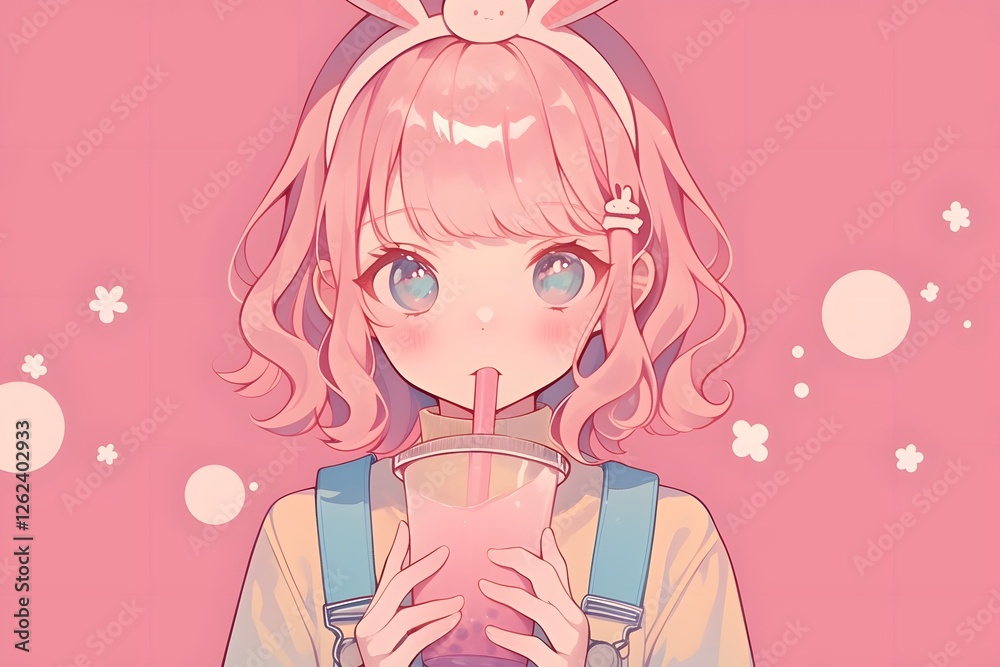 Cute girl in pastel overalls sipping kawaii bubble tea with bunny ears headband Cute girl in pastel overalls sipping kawaii bubble tea with bunny ears headband