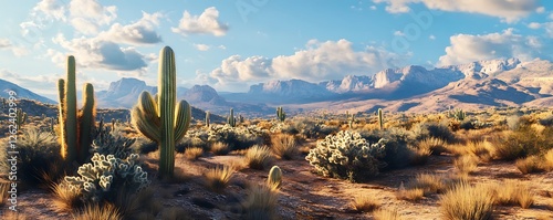 a vast desert landscape with towering rock formations- scattered cacti- and a clear blue sky with fluffy clouds- capturing the serene beauty and rugged terrain of the american southwest