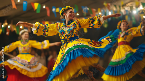A traditional Ukrainian Hopak dance, performed with swift footwork and high jumps, celebrating Ukrainian culture during a festive event.