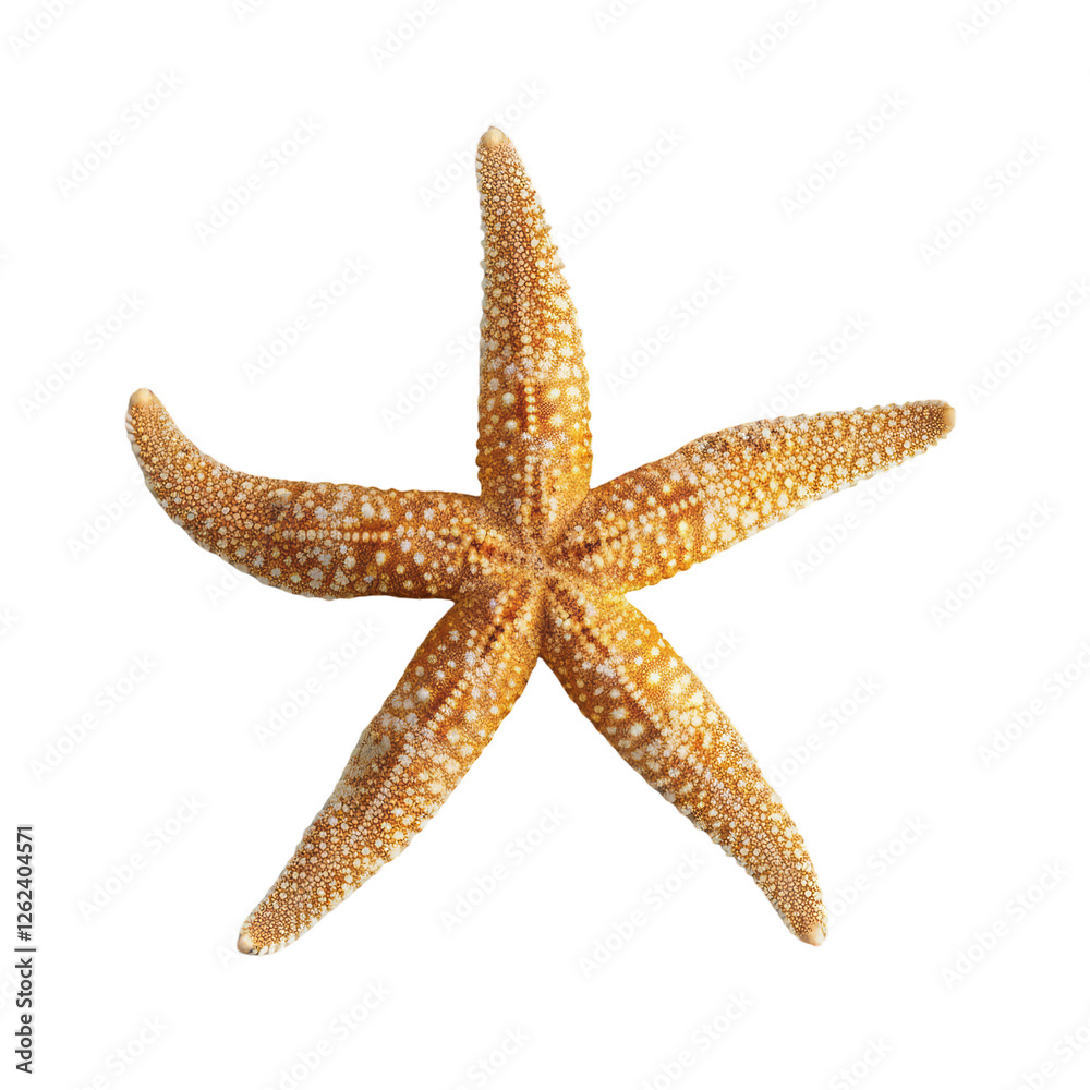 A starfish, viewed from above, is isolated on the left side of a transparent background. A starfish, viewed from above, is isolated on the left side of a transparent background.