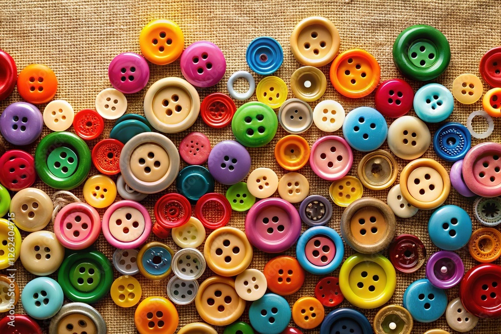 Colorful Sewing Buttons Arranged on Beige Fabric - Craft Supplies Background Colorful Sewing Buttons Arranged on Beige Fabric - Craft Supplies Background
