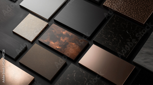 A collection of various textured material samples arranged pleasingly on a dark surface, showcasing diverse finishes ideal for design inspiration and creative projects. photo