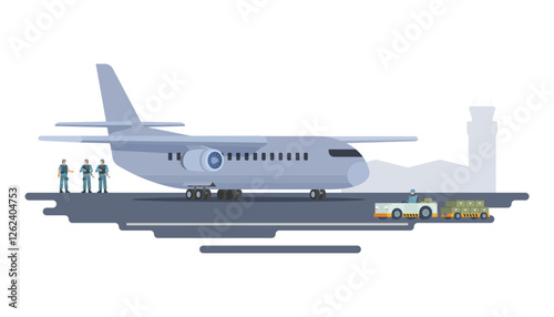 Vector illustration of military transport plane on ground. Fully editable vector elements