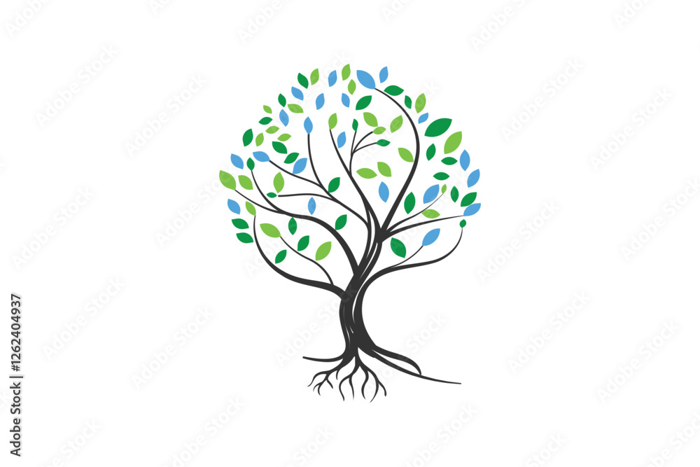 Abstract nature tree logo with green and yellow accents colorful botanical tree silhouette with root system growth concept Abstract nature tree logo with green and yellow accents colorful botanical tree silhouette with root system growth concept
