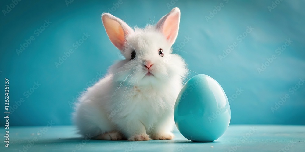 Fototapeta premium Easter Bunny Holding Blue Egg on Blue Background - Spring Holiday Celebration