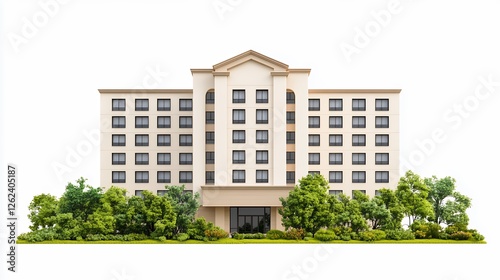 Beige Hotel Building With Lush Landscaping