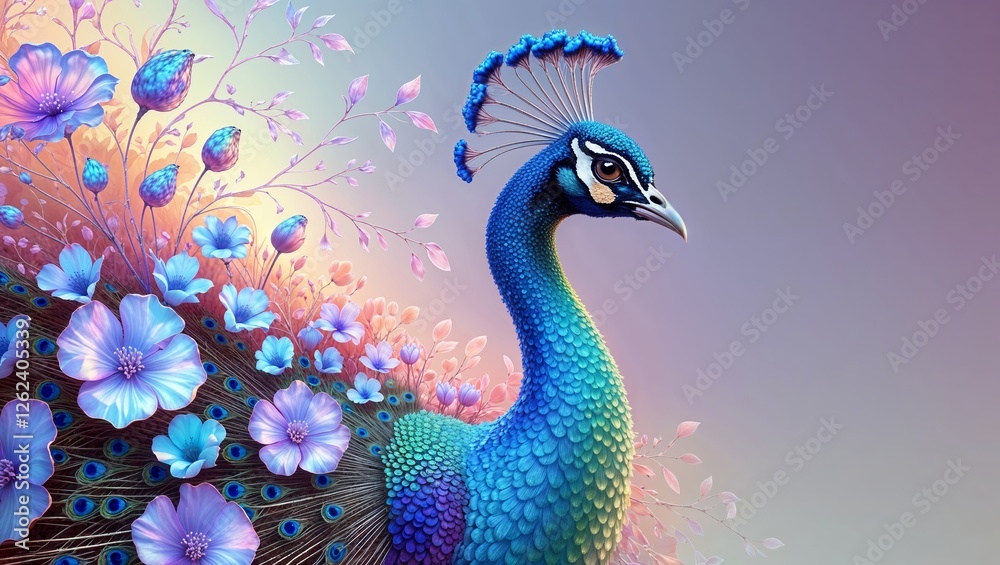 Obraz premium Elegant blue peacock with bright floral feathers fantasy soft pastel drawing style