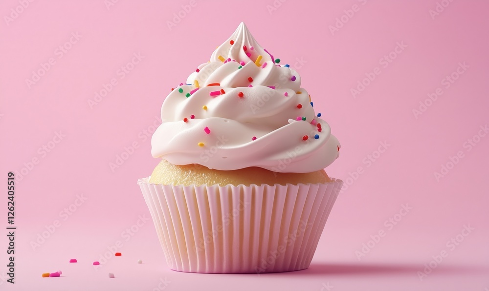 Delicious cupcake with creamy frosting and colorful sprinkles on pink background Delicious cupcake with creamy frosting and colorful sprinkles on pink background