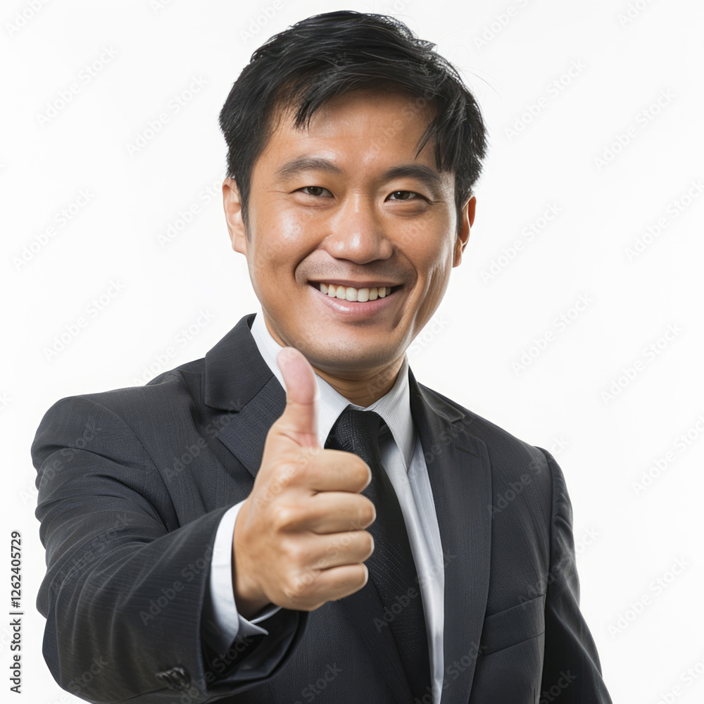 A Chinese man in a suit is smiling and giving thumbs up on a white backdrop.