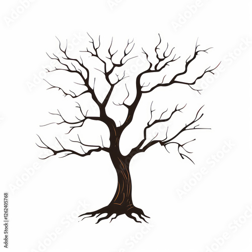 A tree with no leaves is on a white backdrop in a simple design. photo