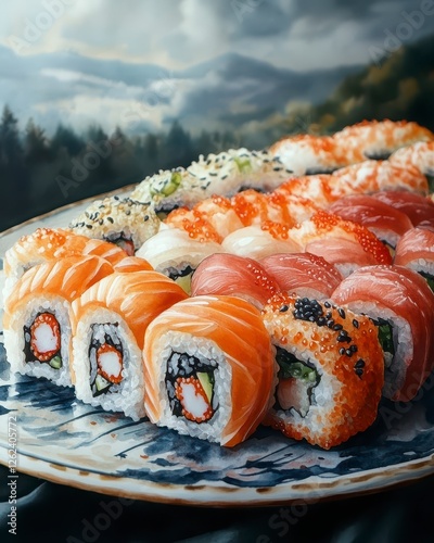 Colorful Sushi Platter Against Pixelated Mountain Background photo