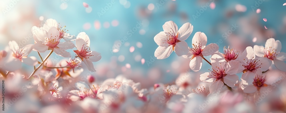 Branches of blossoming cherry macro with soft focus on gentle light blue sky background in sunlight with copy space. Beautiful floral image of spring nature. Branches of blossoming cherry macro with soft focus on gentle light blue sky background in sunlight with copy space. Beautiful floral image of spring nature.
