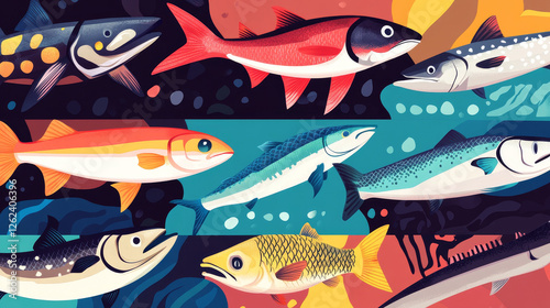 Fresh fish banners set for sea or ocean food and seafood market or shop. Vector pike, salmon or tuna and marlin, fisherman catch of herring or trout and flounder, mackerel or crucian and sprat