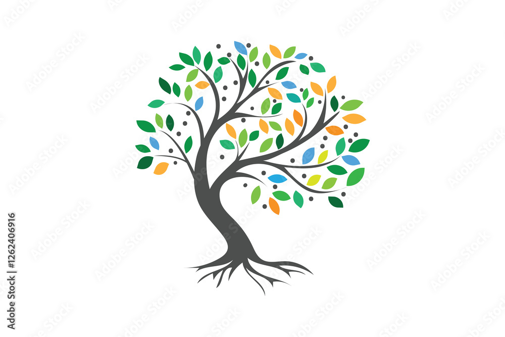 Obraz premium Abstract nature tree logo with green and yellow accents colorful botanical tree silhouette with root system growth concept