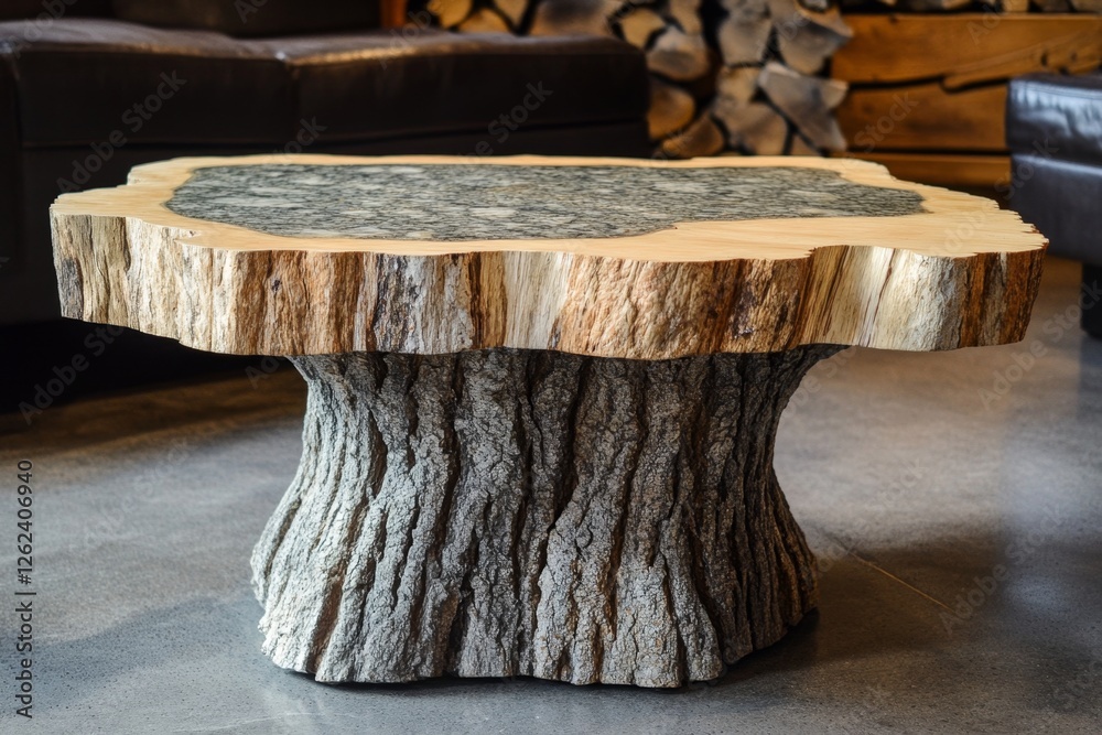 Rustic Tree Trunk Coffee Table with Granite Top
