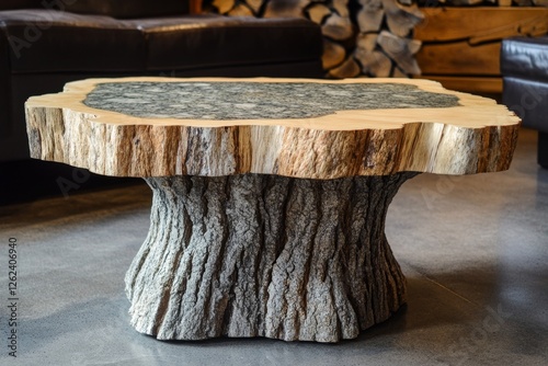 Obraz na płótnie Rustic Tree Trunk Coffee Table with Granite Top w salonie